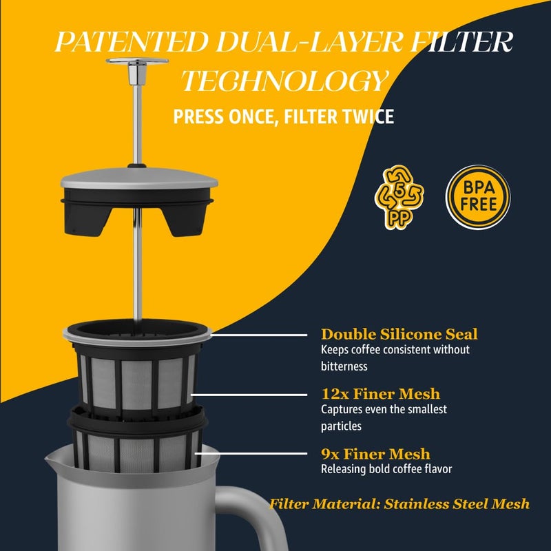 ESPRO P7 Brushed Stainless Steel French Press 304 â€“ Patented Double Walled Micro-Filter Insulated French Press Coffee Maker, Grit-Free Brew - Heat Resistant BPA Free (18oz) - Image 5